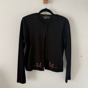 Vintage wool Carole Little Black Cardigan with Red Floral Embroidery